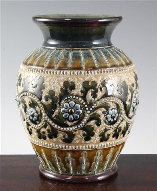 George Tinworth for Doulton Lambeth. A stoneware ovoid vase, height 22.5cm (8.75in.